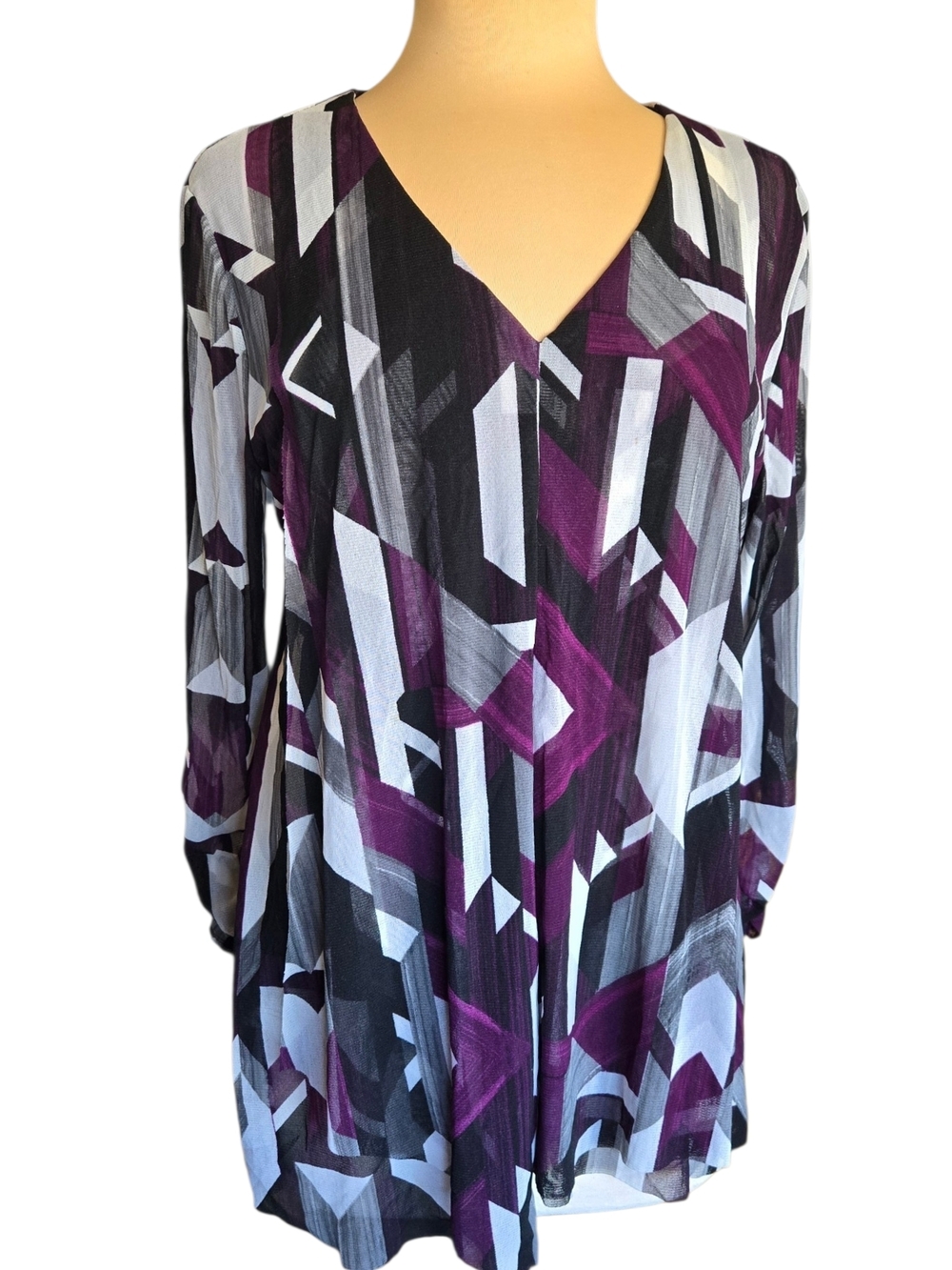 Alfani Mesh Geometric V-Neck Long-Sleeve Tunic in Purple, Black & White